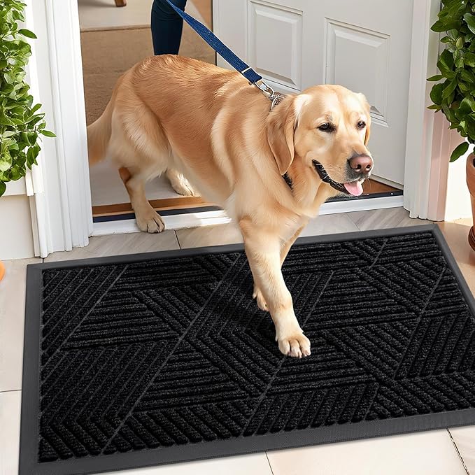 Kitinjoy Front Door Mat Outside Entrance, Sturdy Natural Dirt Trapper, Heavy Duty Rubber Doormat, Low Profile Non-Slip Backing, Easy Clean Floor Mat for Indoor Outdoor Entry, 47X23 Inch, Black
