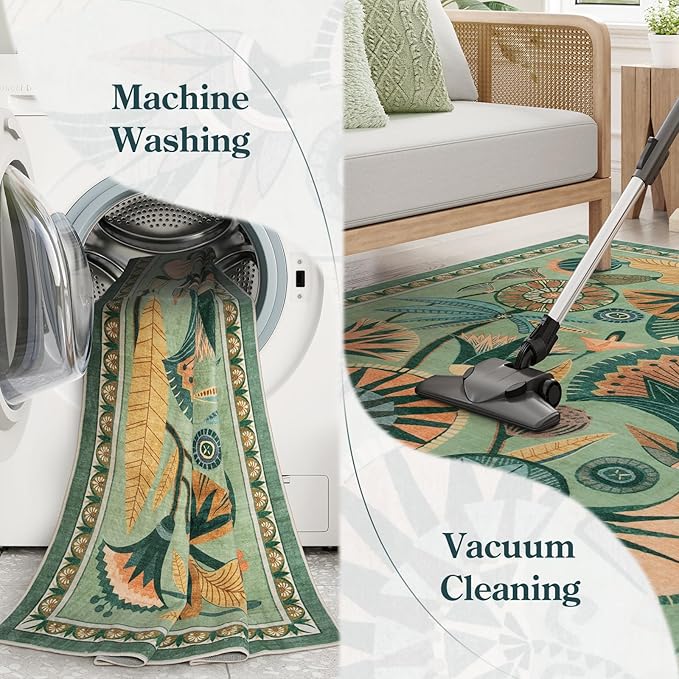 Floral Kitchen Rugs, 2.5X8 Green Runner Rug for Hallway, Non Slip Rugs for Entryway, Washable Carpet Runner with Rubber Backing, Vintage Rug for Bathroom Bedroom Indoor