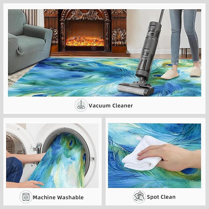 Peacock Feather Rug 6x9-6x9 Rug, Teal Turquoise Area Rugs for Bedroom, Malachite Green Feather Rugs for Living Room, Peafowl Washable Mat, Peacock Feather Carpet - Peafowl Home Decor & Gifts