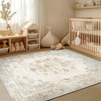 jinchan Vintage Floral 5x7 Area Rugs - Machine Washable Distressed Design Soft Ultra-Thin Low-Pile Non-Slip Carpet for Kitchen Bedroom Nursery Living Room Dining Room Home Office (5x7ft, Light Grey)