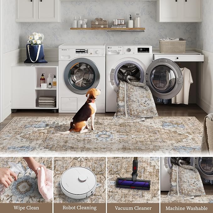jinchan Kelda Area Rug 8x10 Washable Living Room Rug Vintage Soft Indoor Large Floor Cover Retro Distressed Mat Accent Lightweight Non-Slip Thin Carpet for Kitchen Bathroom Bedroom Brick Red