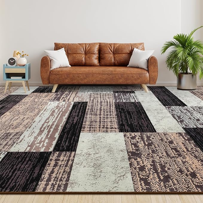Large Area Rugs,Modern Geometric Patchwork Floor Decor for Bedroom Aesthetic Carpet, Rockwood Collection, Indoor Rugs for Living Room Dining Room Nursery Office Machine Washable Rug, 6x9 Ft Chocolate