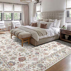Washable Area Rug 8x10 - Large Cream Colorful Boho Rugs for Living Room Soft Vintage Bedroom Rug Ultra-Thin Traditional Floral Carpet Farmhouse Rug for Dining Room Guest Room Home Decor