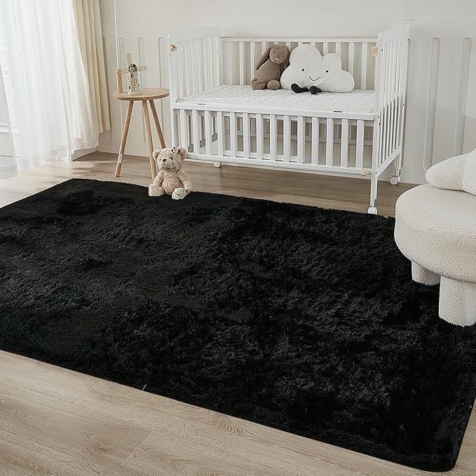 Andency Black Area Rugs 9x12 for Living Room Home Decor, Large Shaggy Bedroom Carpet, Non-Slip Big Shag Indoor Thick Soft Fluffy Furry Fur Area Rugs for Kids Dorm Nursery Aesthetic