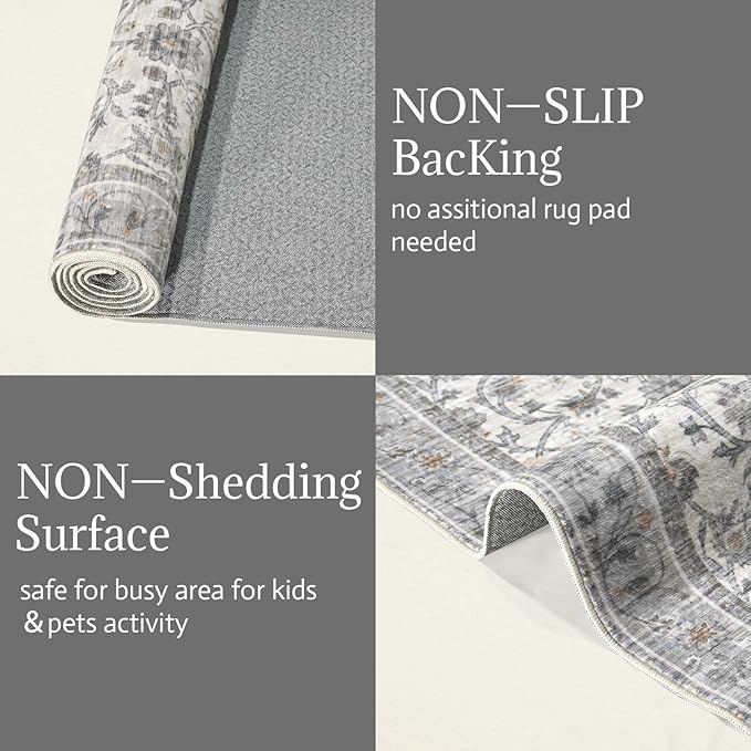 2'x6' Washable Runner Rug Utral Soft Lightweight Vintage Boho Distressed Non-Slip Backing,Low Pile Stain Resistant Farmhouse Rug for High-Traffic Hallway, Kitchen & Laundry