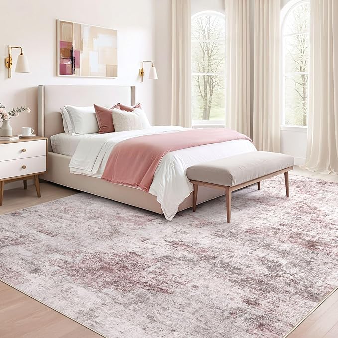 5x7 Area Living Room Rugs - Washable Neutral Modern Abstract Soft Thin Large Rug Indoor Floor No Slip Rug Carpet for Bedroom Under Dining Table Home Office Decor - Pink