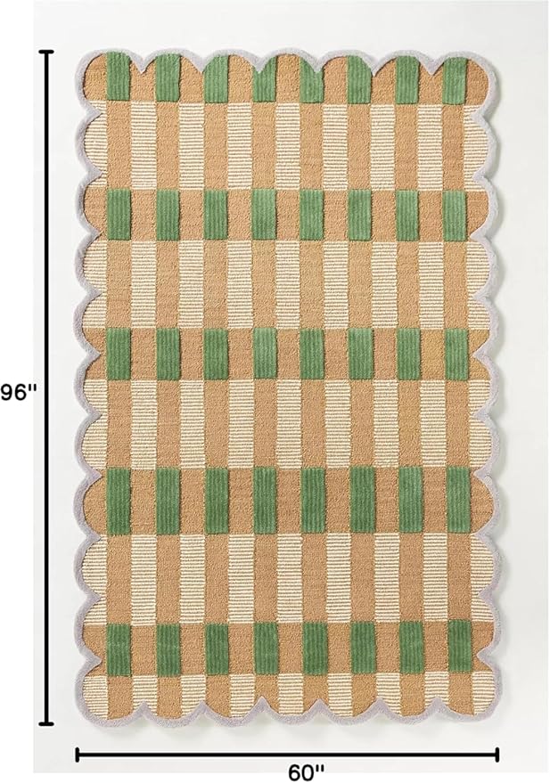 Hand-Tufted Wool Rug with Scalloped Edges, Light Blue Plaid Pattern, Cozy Soft Area Rug for Living Room, Bedroom, and Nursery, Handmade Modern Accent Rug (Green, 5X7 FEET)