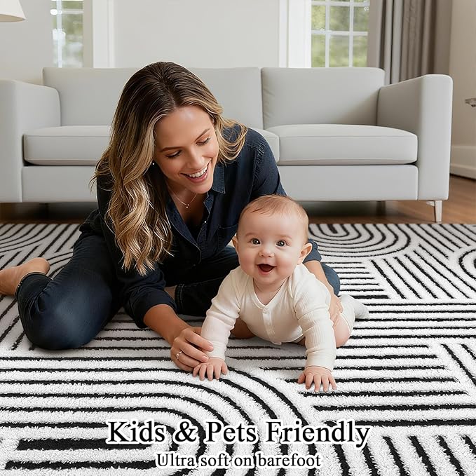 SHACOS Soft Cozy Fluffy Arch Pattern High Low Pile Rugs 3'x5' Non Slip Washable Scandinavian Minimalist Rug Modern Geometric Arc Carpet for Living Room Bedroom Dining Room, Black White