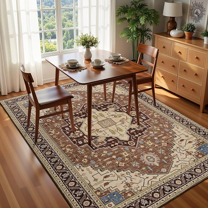 6x9 Mousse Brown Area Rug for Living Room, Machine Washable Rugs with Non-Slip Backing for Bedroom, Vintage Medallion Carpet Dining Room Office Kids Room Decor