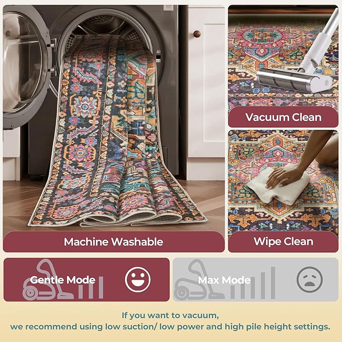 Kokia 8x10 Washable Black and Pink Area Rugs with Vintage Orient Design Soft Rug for Living Room or Bedroom Non-Slip Low Pile Stain Resistance Features Distressed Medallion Pattern