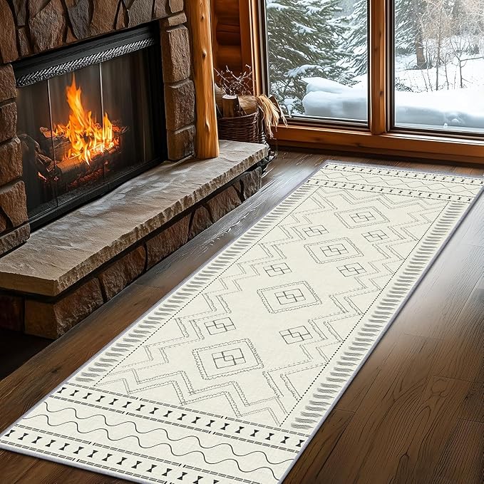 Beige White Runner Rug, 4x12ft Black Geometric Square Pattern Hallway Decor Rug - Modern Home Corridor & Foyer Accent Carpet, Non-Slip Mat Washable Rugs, Stylish Carpet for Hallway Spaces