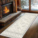 Beige White Runner Rug, 3x12ft Black Geometric Square Pattern Hallway Decor Rug - Modern Home Corridor & Foyer Accent Carpet, Non-Slip Mat Washable Rugs, Stylish Carpet for Hallway Spaces