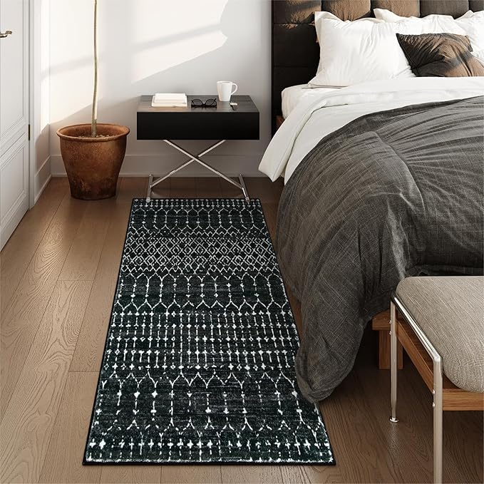 Lahome Moroccan Black Area Rug Non-Slip Low-Pile Washable Entryway Rug Kitchen Bath Mat 2'x4' Geometric Print Carpet for Hallway Bedroom