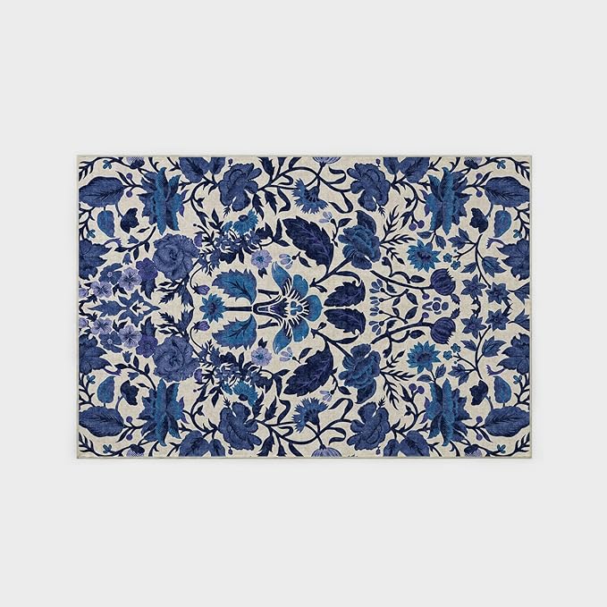 EVERGRACE Area Rugs for Living Room 6x9, Boho Floral Faux Wool Indoor Outdoor Rugs, Washable Rugs for Bedroom Dining Room Entryway Kitchen, Low Pile Floor Mat Carpet for Home Decor, Celtic Blue