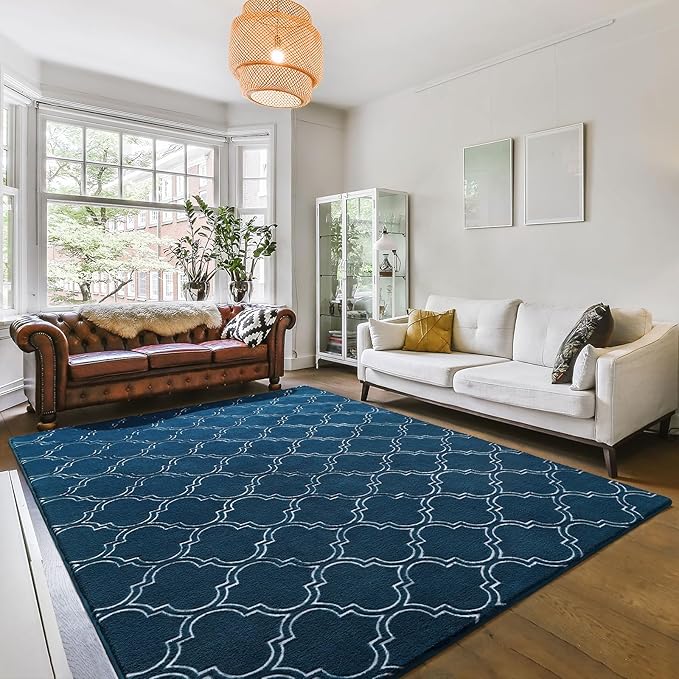Amearea Fluffy Indoor Area Rug, Soft Trellis Moroccan Rugs for Bedroom, Shag Modern Area Rug for Living Room Kids Room Nursery, Easy Clean, Home Decor Low Pile Carpet, Teal Blue 5x7 Feet