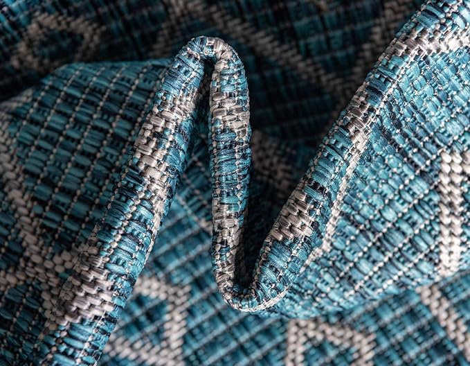 Unique Loom Outdoor Trellis Collection Area Rug - Tribal Trellis (9' x 12' Rectangle, Teal/ Ivory)