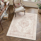 Area Rug 3x5 Washable Pink Rug Vintage Boho Medallion Entryway Door Mat Entrance Distressed Retro Carpet Non Slip Low Pile Small Soft for Office Kitchen Bedroom Laundry Bathroom Hallway