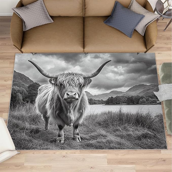 Highland Cattle Rugs for Bedroom - 3x4 Area Rug - Black White Highland Cattle Rugs for Living Room, 3D Natural Landscape Rug, Non-Slip Washable Home Decor Carpet