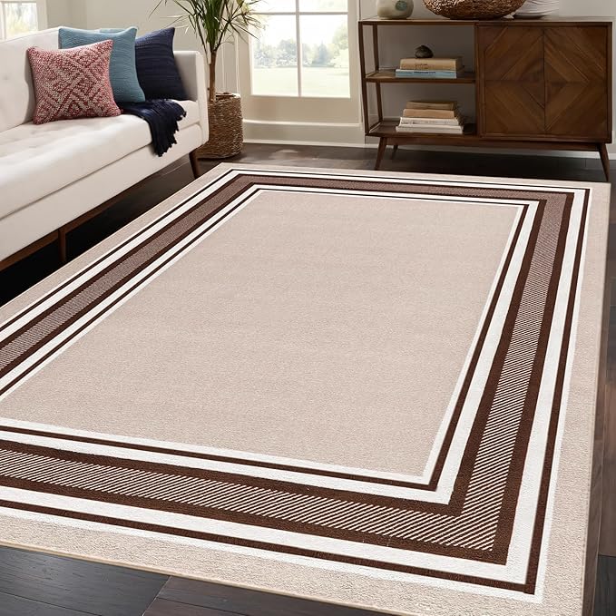 Beverly Rug Non Slip Area Rugs 5x7 Modern Bordered Non Skid Rubber Backing Soft Area Rug for Living Dining Room Easy to Clean Non Shedding Kitchen Bedroom Indoor Carpet 5 x 7 Beige-Brown
