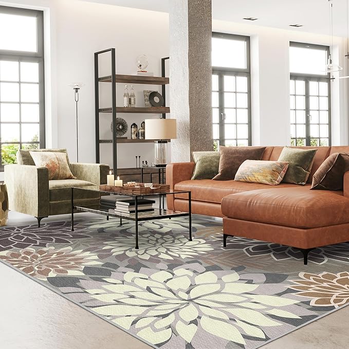 6x9 Outdoor Area Rug Washable Multicolored Patio Rug Tropical Botanical Floral Chenille Waterproof Outdoor Carpet Non-Slip for Patio, Deck, Backyard, Porch, Taupe