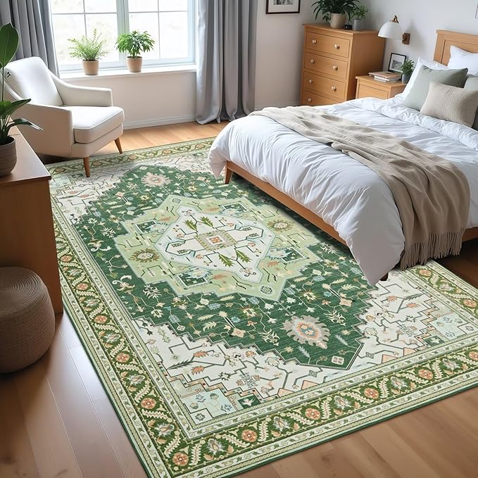 3x5 Green White Area Rug for Living Room, Machine Washable Rugs with Non-Slip Backing for Bedroom, Vintage Medallion Carpet Kitchen Laundry Kids Room Decor