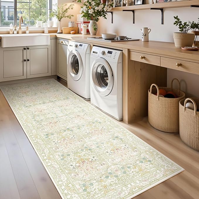 Lunasun Sage Green Long Bedroom Bedside Runner Rugs, 2x6 Non Slip Boho Floral Throw Rug for Kitchen, Hallway, Indoor Entrance, Foyer, Bathroom - Farmhouse Thin Front Door Low Pile Mat