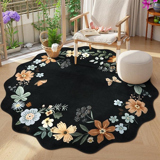 Lahome Floral Washable Round Rugs, Non-Slip Soft Round Rug 4ft Ultra-Thin, Small Boho Circle Carpet for Entryway Kitchen Bedroom Nursery Bathroom, Black/Grey