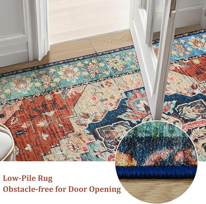 Area Rugs 6x9, Low Pile Washable Rugs, Soft Vintage Distressed Rugs for Living Room Bedroom, Office, Dining Room, Water Repellent & Non Shedding, Terracotta