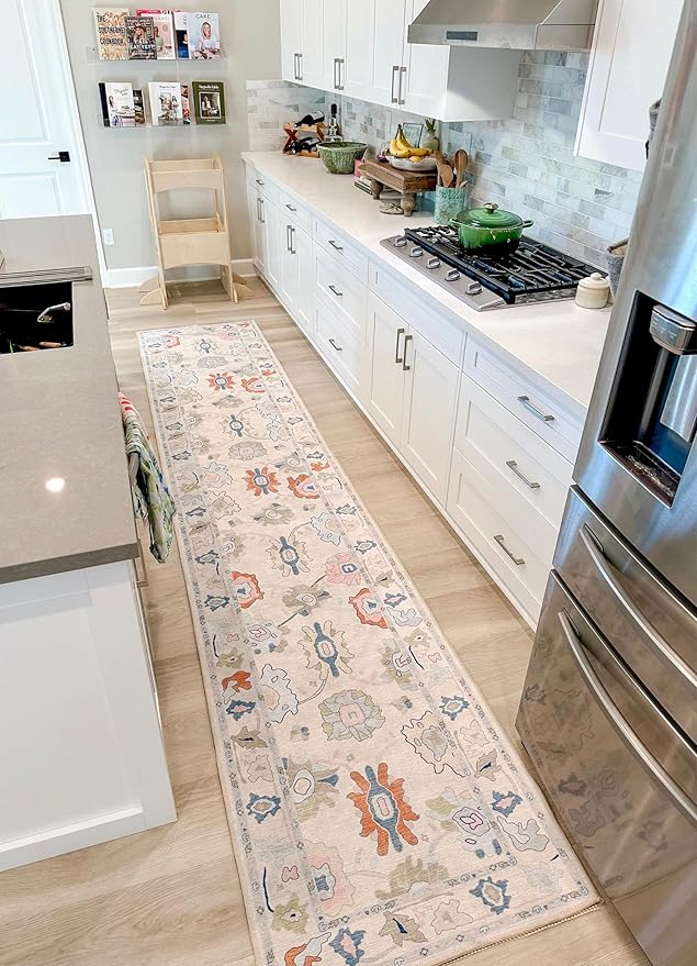 Fame Living Cream Oushak Runner Rug, Modern Runners, Vintage, Turkish, Eclectic, Floral, Pastel, Washable, Long Runner Rugs for Hallway, Kitchen, Living Room, Bedroom, Kitchen, Bathroom, 2'5"x13'