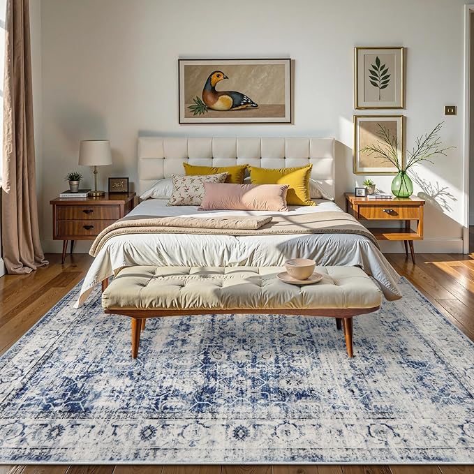 Lahome Washable Rugs 5x7 Area Rugs,Blue Rug for Bedroom Soft Rug for Bedroom Aesthetic Boys,Retro Distressed Non Slip Throw Carpet Dining Room Rugs for Under Table