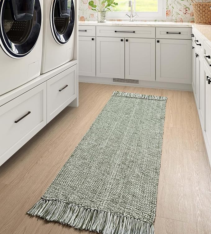 Collive Hallway Runner Rug, 2' x 5' Soft Washable Kitchen Runner Rug, Olive Green/Cream Contemporary Modern Laundry Room Rugs Indoor Hand-Woven Cotton Carpet for Bedroom Entryway Front Door Farmhouse