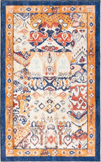 Phantoscope Washable Area Rug 3'x5' Non-Slip, Vintage Boho Rugs for Living Room, Bedroom, Dining Room, Distressed Persian Market Pattern, Low-Pile Foldable Floor Carpet, Navy/Orange