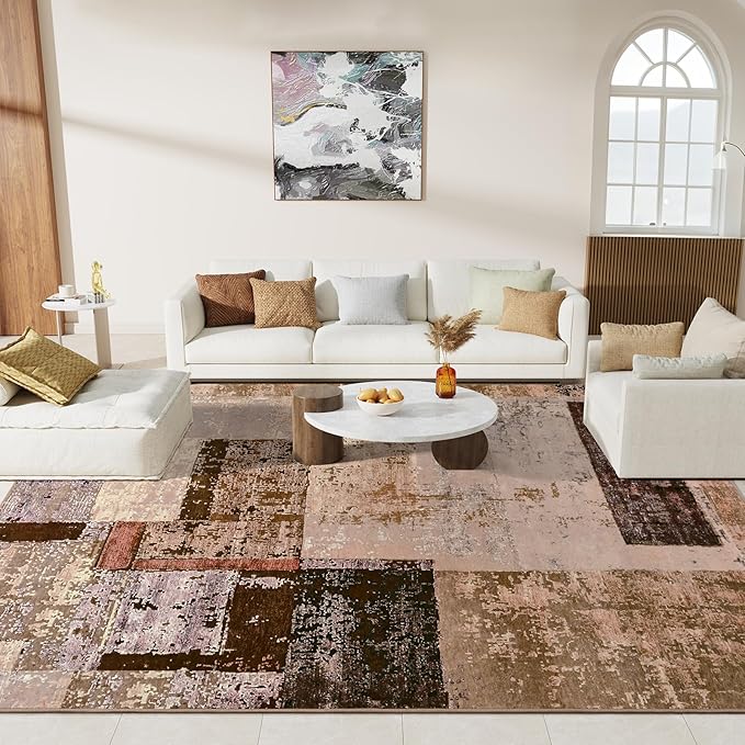 LOCHAS Rug for Living Room 6x9, Washable Soft Area Rugs for Bedroom, Abstract Carpet for Office Kids Dining Room Nursery Floor, Brown Pink Geometric Vintage Home Decor, Non Slip, Pet Child Friendly
