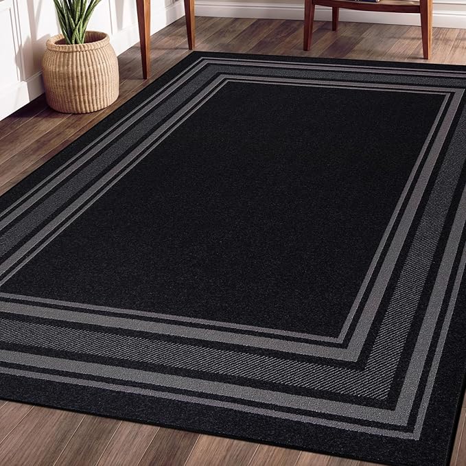 Beverly Rug Non Slip Area Rugs 5x7 Modern Bordered Non Skid Rubber Backing Soft Area Rug for Living Dining Room Easy to Clean Non Shedding Kitchen Bedroom Indoor Carpet 5 x 7 Black