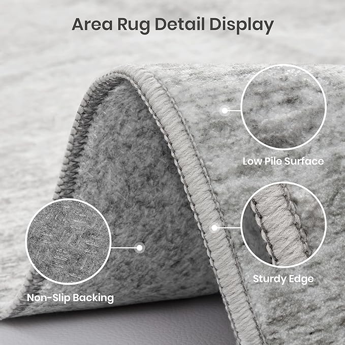 Valenrug Washable Round Area Rugs 6x6 - Stain Resistant 6ft Round Rugs for Living Room, Non Slip Backing Printed Rugs for Bedroom, Folable Machine Washable Area Rug (6ft, Grey)