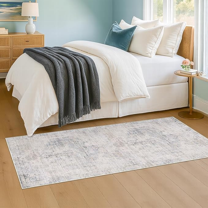 Light Blue 2x6 Non Slip Kitchen Rug Runner - Blue Gray Washable Rug for Bathroom, Hallway, Non Slip with Rubber Backing, Boho Modern Abstract Runner Home Décor