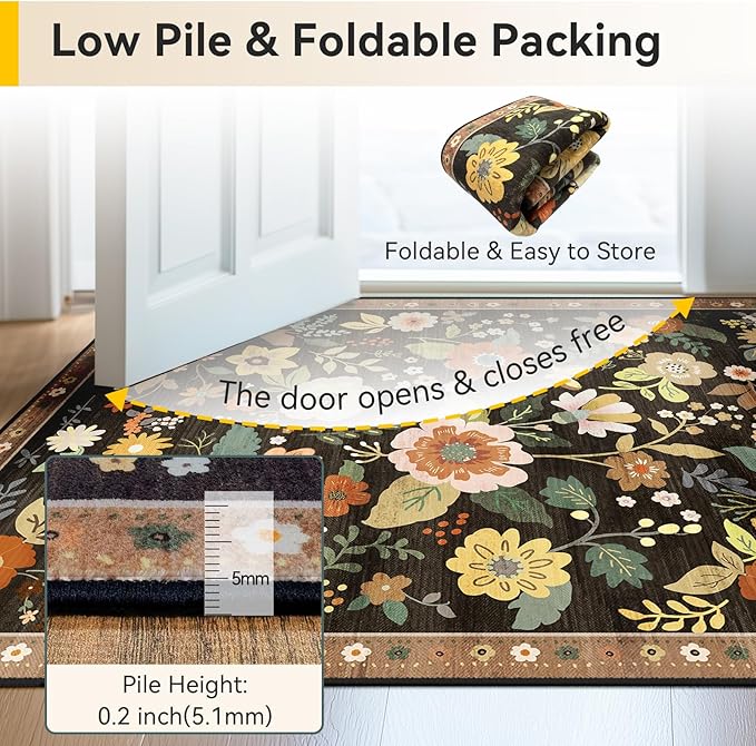 Floral 5x7 Area Rug Machine Washable Soft Print Boho Carpet Non Slip Doormat Low Pile Flower Area Rugs for Living Room Bedroom Nursery Kitchen Dining Room Indoor-Black/Yellow/Red