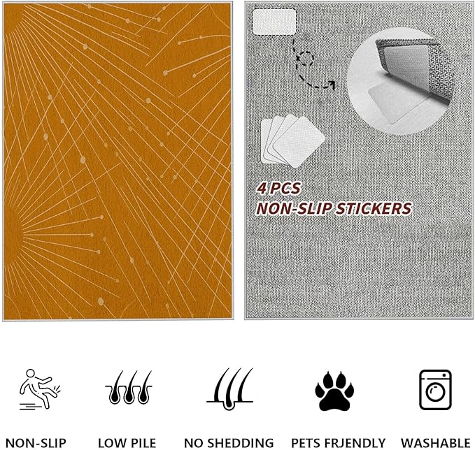 Modern Washable Area Rug 8x10, Boho Minimalist Non-Slip Rugs, Abstract Striped Soft Carpet for Living Room Bedroom Nursery Room Home Decor Office, Pet Friendly, Orange Beige