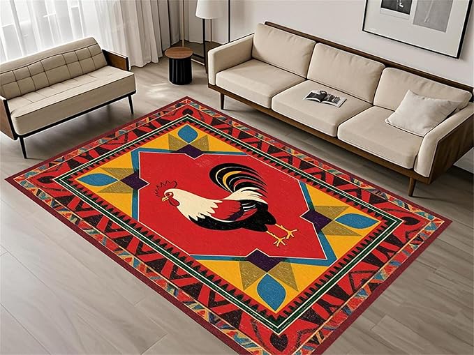 Country Rooster Rugs，5x7ft,Colorful Geometric Rooster Pattern Rug，Rooster Pattern Colorful Rug. Ethnic Vintage Design Non-Slip Washable Floor Mat for Living Room Bedroom Farmhouse Home Office