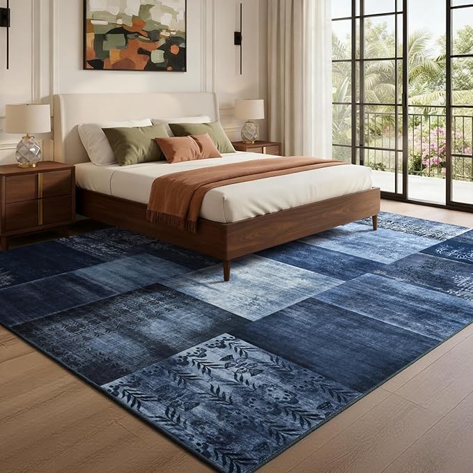 DweIke Large Modern Washable Area Rugs 8x10, Living Room Rug Non-Slip and Non-Shedding Large Rugs for Bedroom, Low Pile Indoor Rubber Backed Carpets for Dining Office Home Decor, Navy Blue