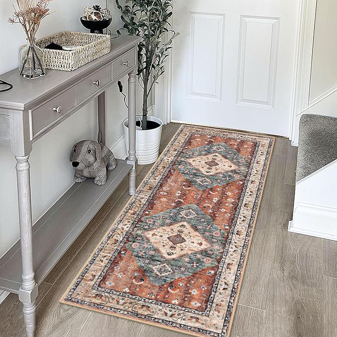 KOZYFLY Runners for Hallways 2x5 Ft Washable Kitchen Runner Rug Boho Runner Rug for Entryway Indoor Rust/Orange/Blue Printed Oriental Faux Wool Floor Carpet Runner for Laundry Room Kitchen Hall