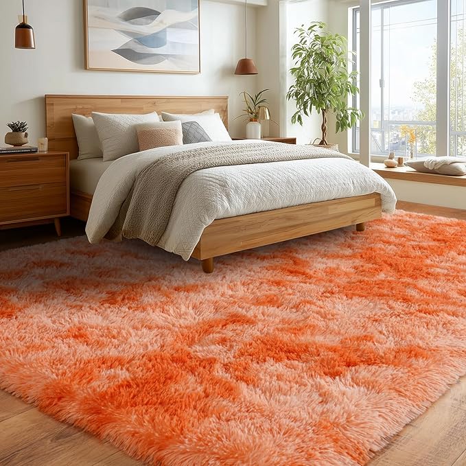Extra Large Plush Rug High Pile Fluffy Rug for Living Room, Big Plush Non-Skid Shag Carpet, Soft Shaggy Rugs for Bedroom Indoor Modern Home Decor Tie Dye Orange 9x12ft