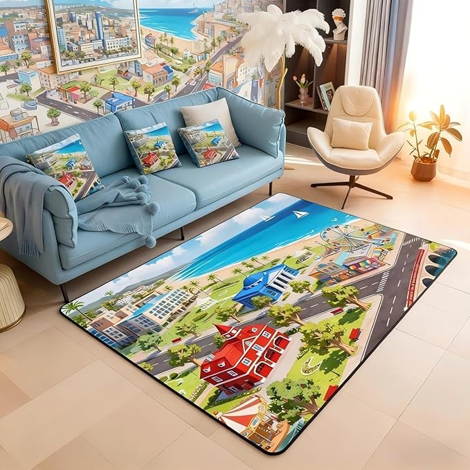 Kids Area Rug 3x5 City Life House Rugs for Living Room | 3D Cityscape Washable Rug, Fun Educational Gift Urban Landscape Carpet Indoor Floor Mat