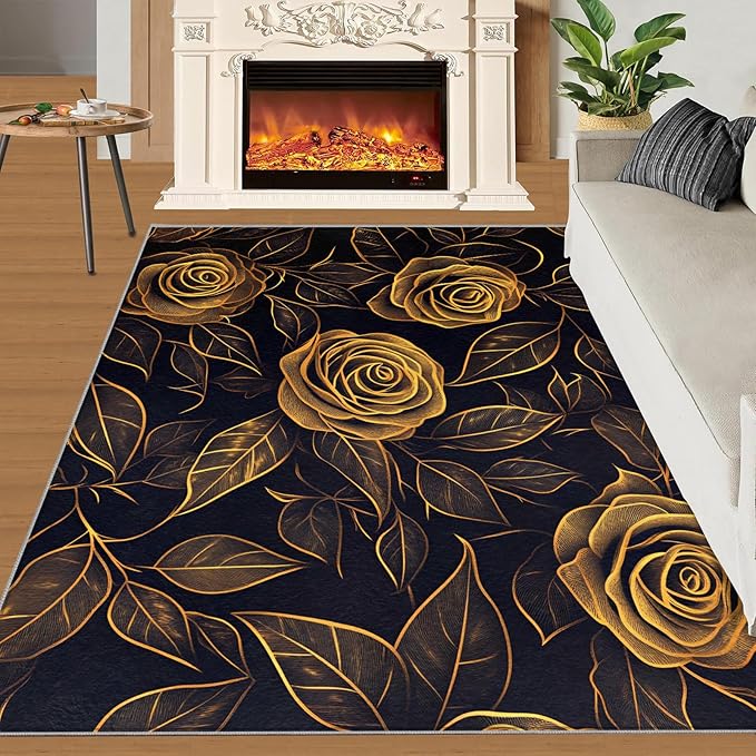 Rose Rugs for Bedroom - 6x9 Area Rug - Black Gold Flowers Rugs for Living Room, European Light Luxury Flowers Rug, Washable Home Decor Carpet
