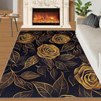 Rose Rugs for Bedroom - 4x6 Area Rug - Black Gold Flowers Rugs for Living Room, European Light Luxury Flowers Rug, Washable Home Decor Carpet