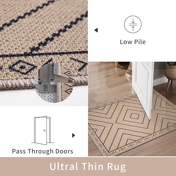 Tangsoo Modern Easy Jute 4x6 Outdoor Rug for Living Room,Ultra Thin Washable Area Rug,Geometric Indoor Carpet Farmhouse Non-Slip Throw Mat for Bedroom Dining Room Patio Front Porch