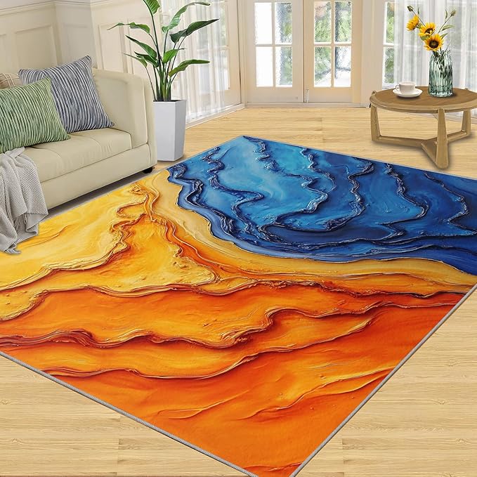 Navy Blue Rugs for Bedroom - 4x5 Area Rug - Abstract Blue Orange Rugs for Living Room, Modern Simple Art Rug, Washable Home Decor Carpet