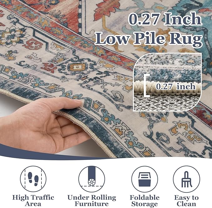 Boho Rugs for Bedroom Girls Playroom, Distressed Medallion Printed 8x10 Rugs for Living Room Kids Room Nursery, Washable Non Slip Low Pile Thin Soft Carpet Rugs Dining Room, Blue/Pale Salmon