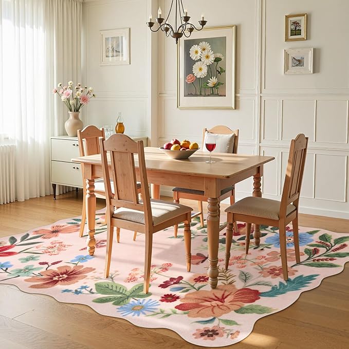 Lahome Floral Washable Rugs, 4X6 Pink Rugs for Bedroom Girls Ultra-Thin Soft Living Room Rug, Non-Slip Stain Resistant Boho Throw Carpet for ‎Nursery Office, Light Pink