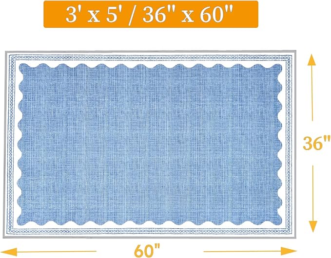 Scalloped Rug 3x5 Rugs Washable Non-Slip Low-Pile for Entryway Solid Blue Rug for Dining Room,Ultra Soft Modern Contemporary Aesthetic Carpet for Bathroom Living Room Dining Table